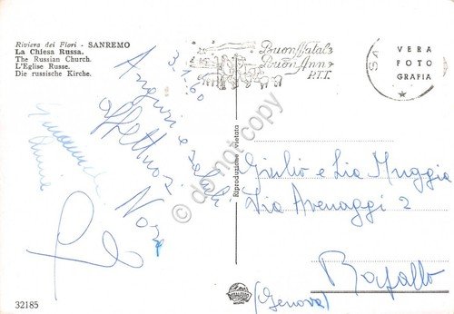 Cartolina Sanremo Chiesa Russa timbro buone feste 1960
