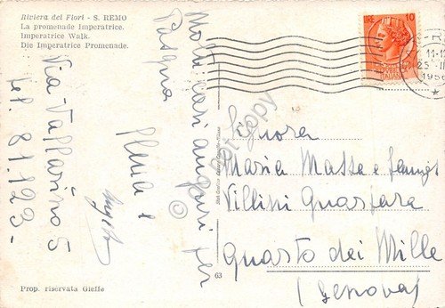 Cartolina Sanremo Lungomare Imperatrice dall'alto 1956 (Imperia)
