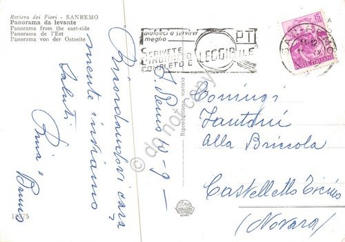Cartolina Sanremo Panorama da Levante colorata anni '60 (Imperia)