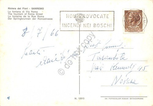 Cartolina Sanremo Via Roma 1966 Timbro incendi