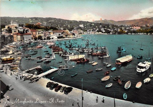 Cartolina Santa Margherita Ligure Porto Barche colorata NVG