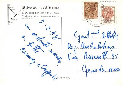 Cartolina Santa Margherita Staffora Pavia Albergo dell'Arma 1978