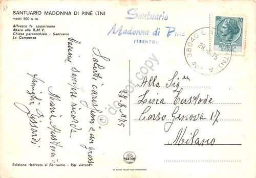 Cartolina Santuario di Pinè vedute varie 1975 timbro Santuario (Trento)