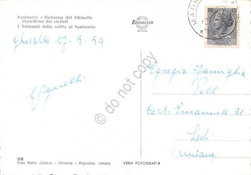 Cartolina Santuario Madonna del Ghisallo Protettrice ciclisti Tornanti 1959