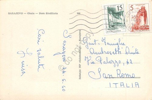 Cartolina Sarajevo Obala Dom Sindikata 1960