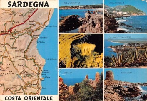 Cartolina Sardegna Costa Orientale vedute varie e mappa 1974