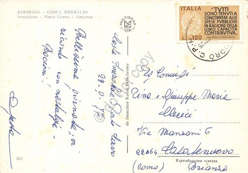 Cartolina Sardegna Costa Smeralda Arzachena Porto Cervo Notturno 1977 (Sassari)