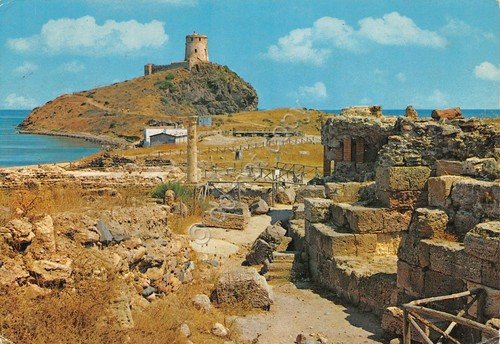 Cartolina Sardegna Nora Panorama e tempio di Esculapio (Cagliari)