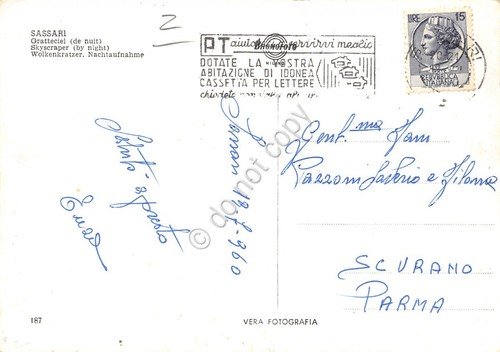 Cartolina Sassari Grattacielo Notturno Timbro targhetta PT 1960