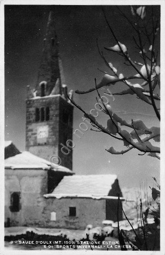 Cartolina Sauze d'Oulz Chiesa Edizione Albergo Miravalle Fotocelere