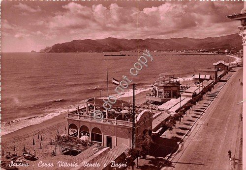Cartolina Savona Corso Vittorio Veneto e Bagni 1951