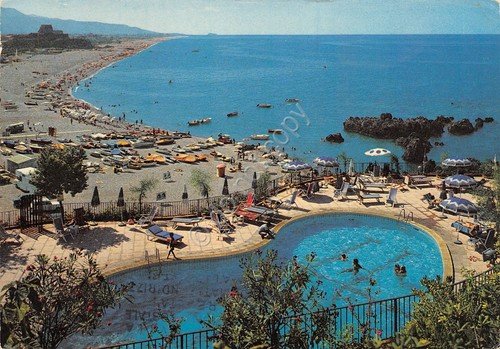 Cartolina Scalea spiaggia vista da Hotel De Rosa piscina 1980