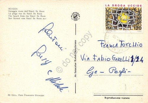 Cartolina Scalea spiaggia vista da Hotel De Rosa piscina 1980