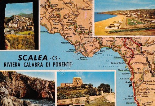 Cartolina Scalea vedute varie e mappa anni '70 | Immagine principale