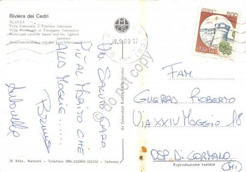 Cartolina Scalea Villa Comunale e fontana luminosa Notturno 1989 (Cosenza)