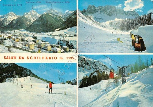 Cartolina Schilpario sci sciatori 4 vedute timbro Ristorante Capriolo (Bergamo)
