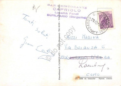 Cartolina Schilpario sci sciatori 4 vedute timbro Ristorante Capriolo (Bergamo)