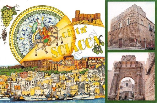Cartolina Sciacca vedute città e parte grafica illustrata | Immagine principale