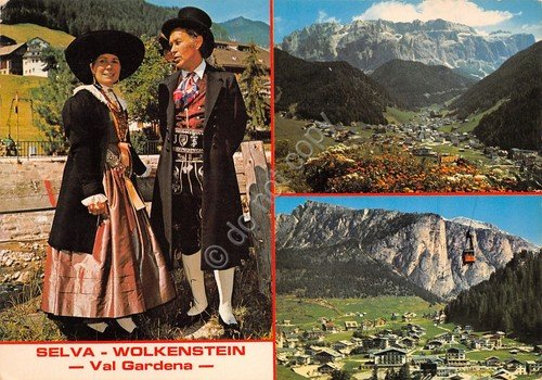 Cartolina Selva Val Gardena 3 vedute costumi tradizionali panorama (Bolzano)
