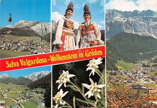 Cartolina Selva Valgadena vedute funivia abiti tradizionali panorama 1985 | Immagine principale