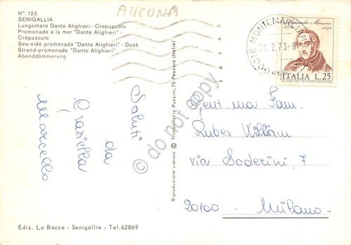 Cartolina Senigallia Lungomare Dante Alighieri al crepuscolo dal mare 1973