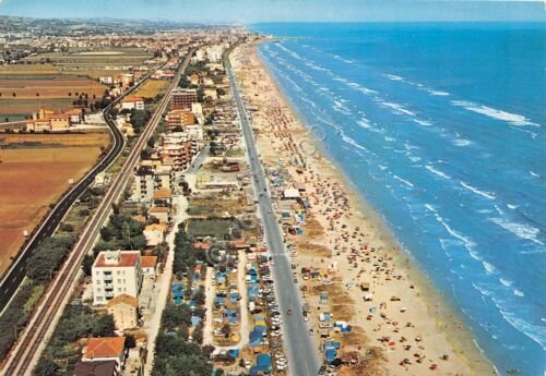 Cartolina Senigallia panorama aereo 1977 ferrovia strada spiaggia case