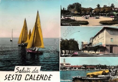 Cartolina Sesto Calende vedute giardini panorama lungoriva barche colorata 1964 | Immagine Gallery 1