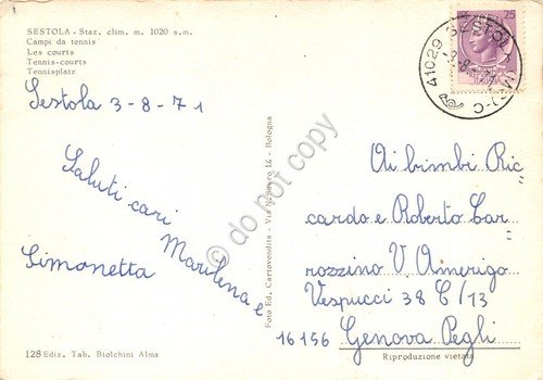 Cartolina Sestola Campi da tennis 1971 sporca di timbro postale