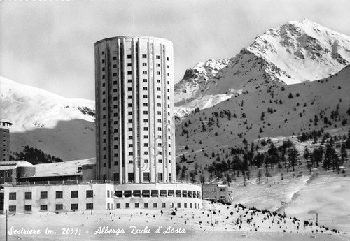 Cartolina Sestriere Albergo Duchi d'Aosta anni '60 timbro PT Natale