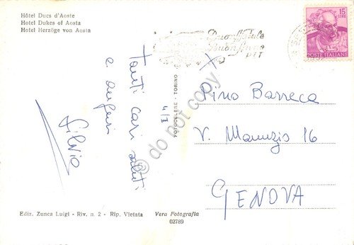 Cartolina Sestriere Albergo Duchi d'Aosta anni '60 timbro PT Natale