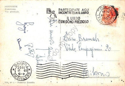 Cartolina Sestriere panorama 1957 timbro incontri col libro (Torino)