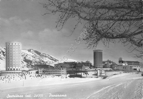 Cartolina Sestriere Panorama da pista di sci 1955