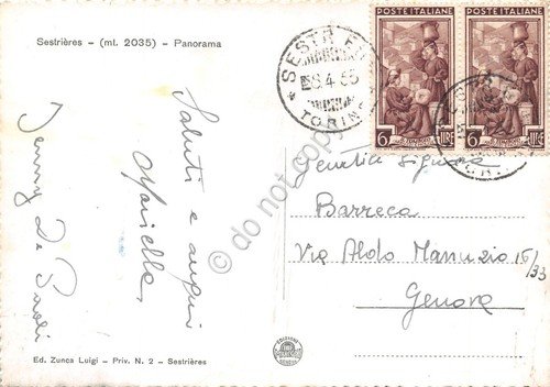 Cartolina Sestriere Panorama da pista di sci 1955