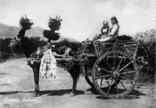 Cartolina Sicilia Costumi Siciliano Carretto con donne 1954 | Immagine principale