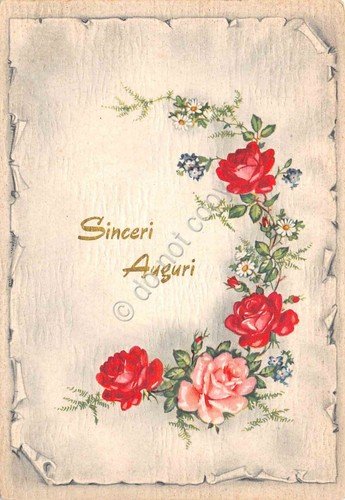Cartolina Sinceri Auguri scritta in oro con fiori rose | Immagine principale
