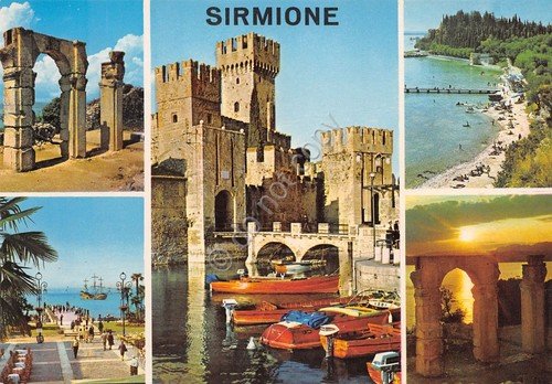Cartolina Sirmione vedute varie con motoscafi Riva anni '80 | Immagine principale