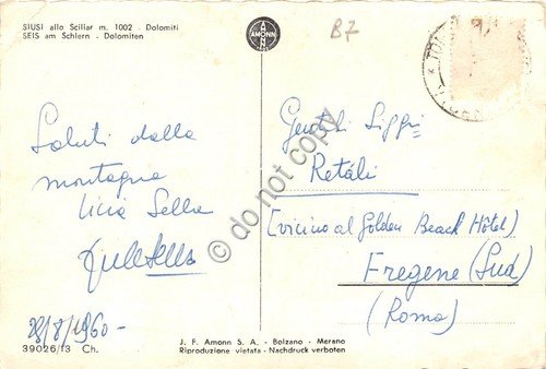 Cartolina Siusi allo Scillar panorama 1960 (Bolzano)
