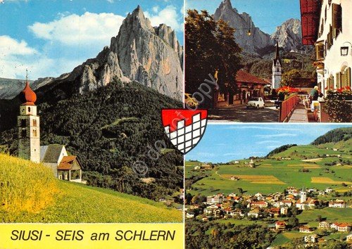 Cartolina Siusi Seis am Schlern vedute varie paese stemma 1972 | Immagine principale