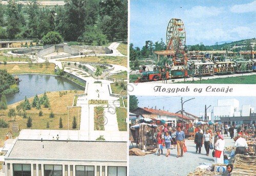 Cartolina Skopje vedute varie ruota giardini mercato anni '80 | Immagine principale
