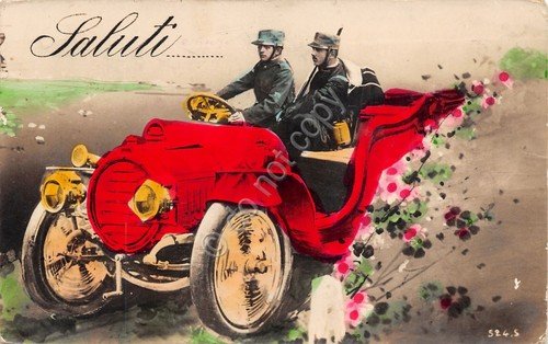 Cartolina Soldati su auto colorata spedita da Torino 1916
