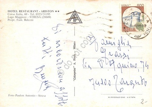 Cartolina Stresa Hotel Ariston Vedute 1988 (Novara)