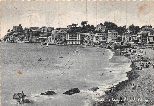 Cartolina Sturla Genova Bagni e Capo S. Chiara Spiaggia 1954