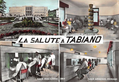 Cartolina Tabiano 4 vedute terme inalazioni aerosol animata 1967 (Parma)