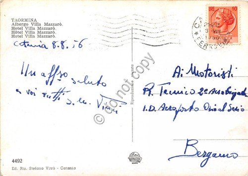 Cartolina Taormina Albergo Villa Mazzarò 1956
