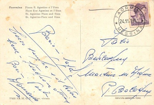 Cartolina Taormina Piazza S. Agostino Etna animata 1961