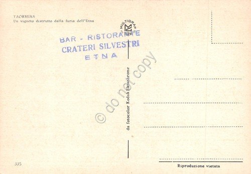 Cartolina Taormina vigneto distrutto da Etna Timbro Bar Crateri Silvestri