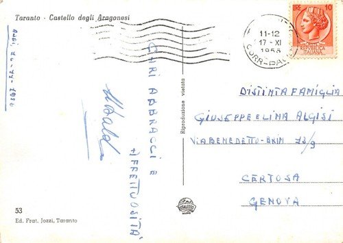 Cartolina Taranto Castello Aragonese barca 1956