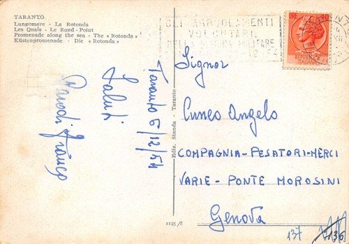 Cartolina Taranto Lungomare Rotonda 1954