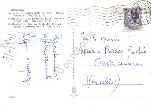 Cartolina Tarquinia Necropoli Tomba dei Tori Parete frontale 1960