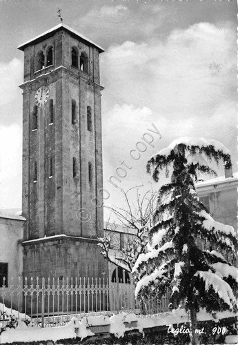 Cartolina Teglio Torre della Chiesa con la neve 1962 | Immagine principale